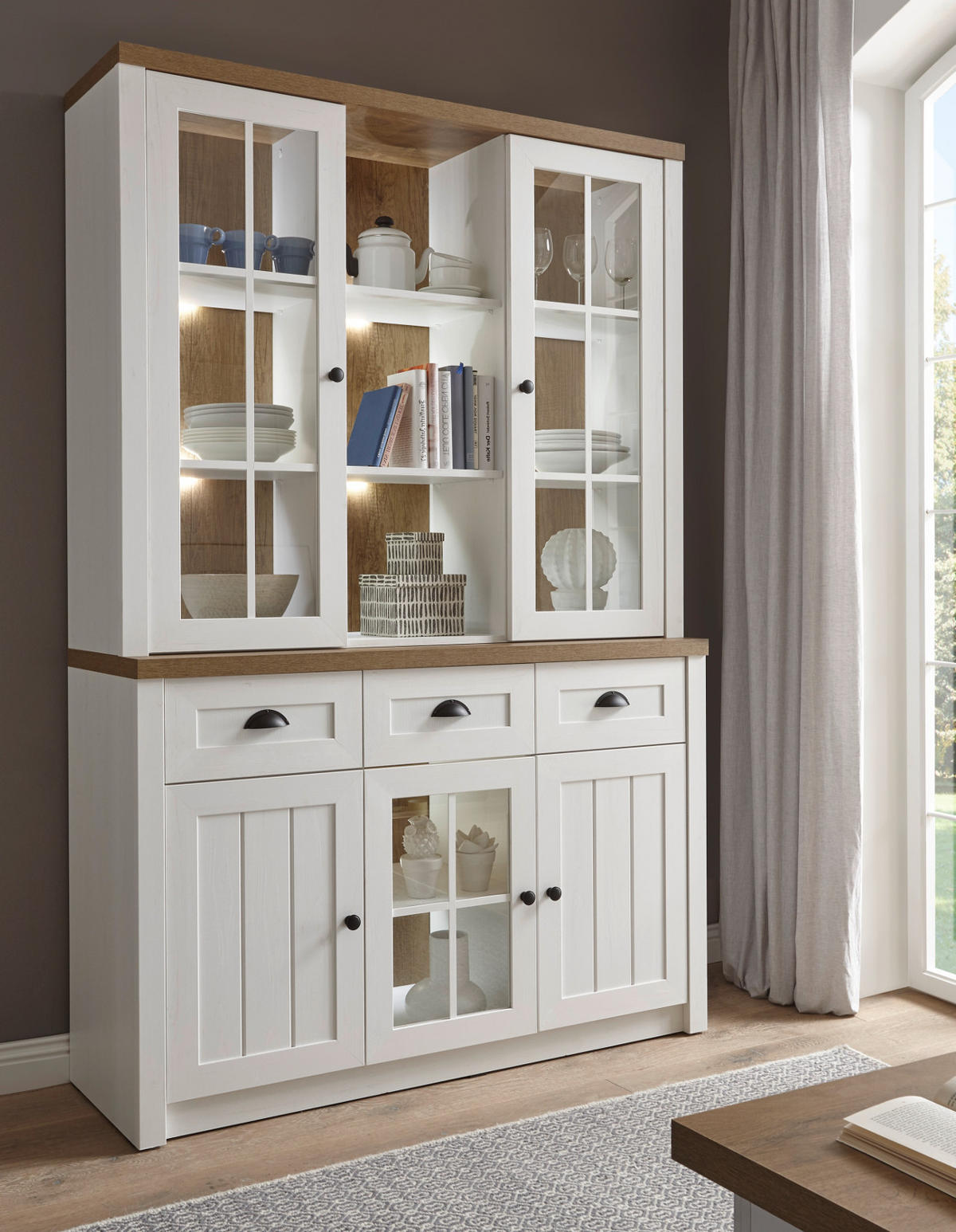 BUFFETSCHRANK weiß Pinie, Eiche hell Landhaus, Buffet 130 x 198 cm - Eichefarben/Schwarz, Holzwerkstoff/Metall (130/198/43cm) - Furn.Design