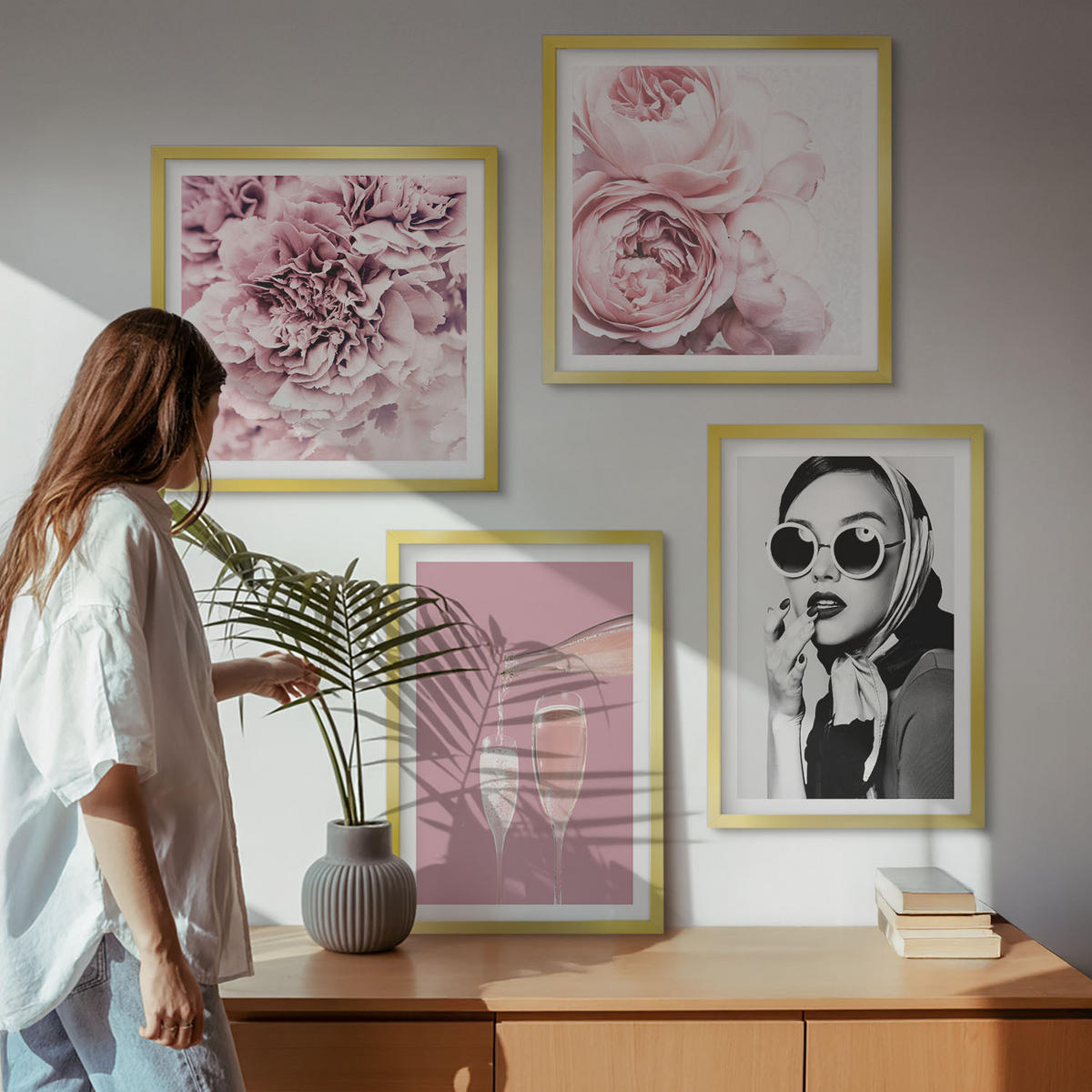 BILDER SET 4er Set - 50x50 cm & 40x60 cm Goldrahmen - Blumen, Pfingstrosen, Rosen, Eleganz - Goldfarben, Kunststoff (50/50cm) - TULUP