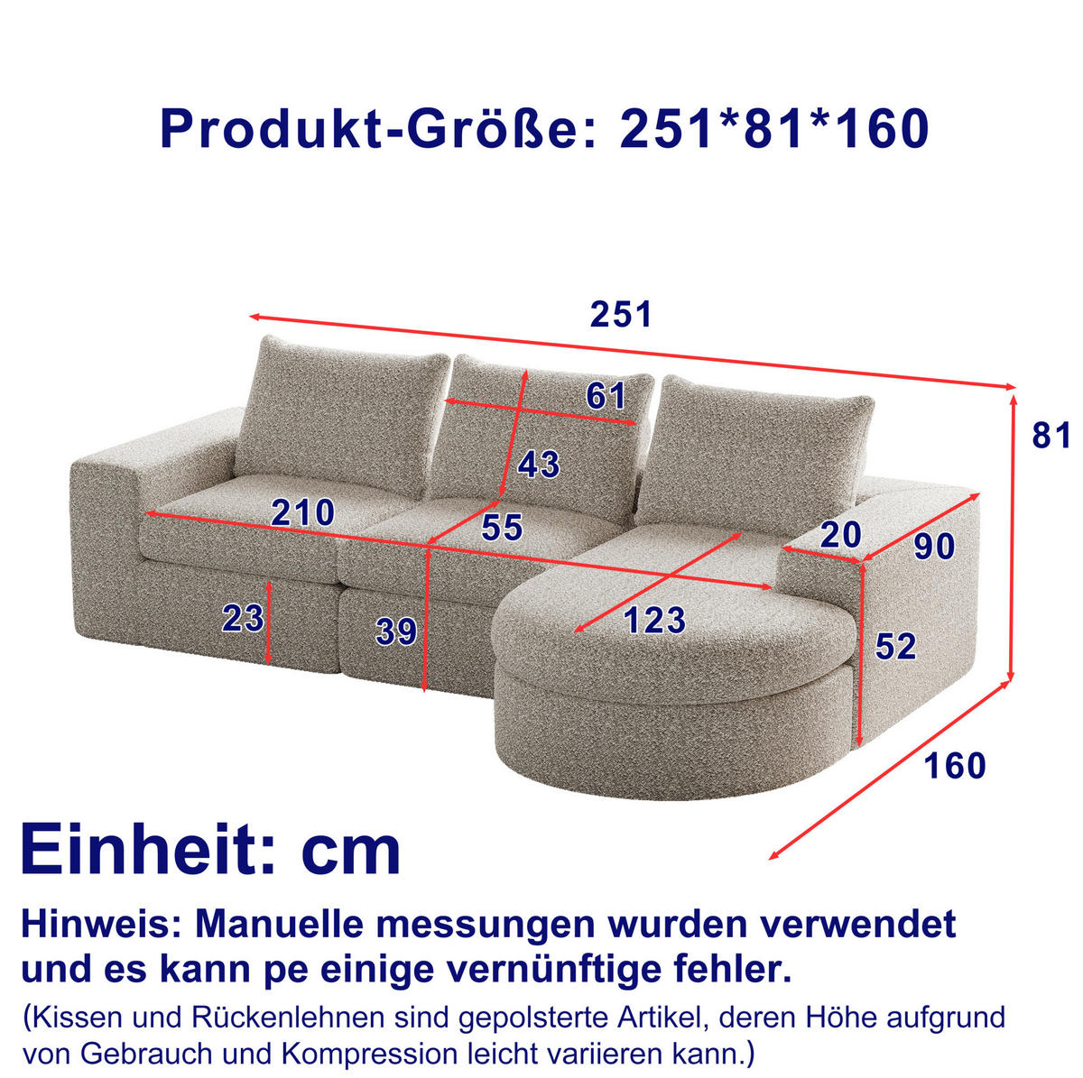 ECKSOFA 251/160/80 cm Sofa beige aus Chenille mit Chaiselongue und Kissen - Beige, Textil (160/251cm) - OKWISH