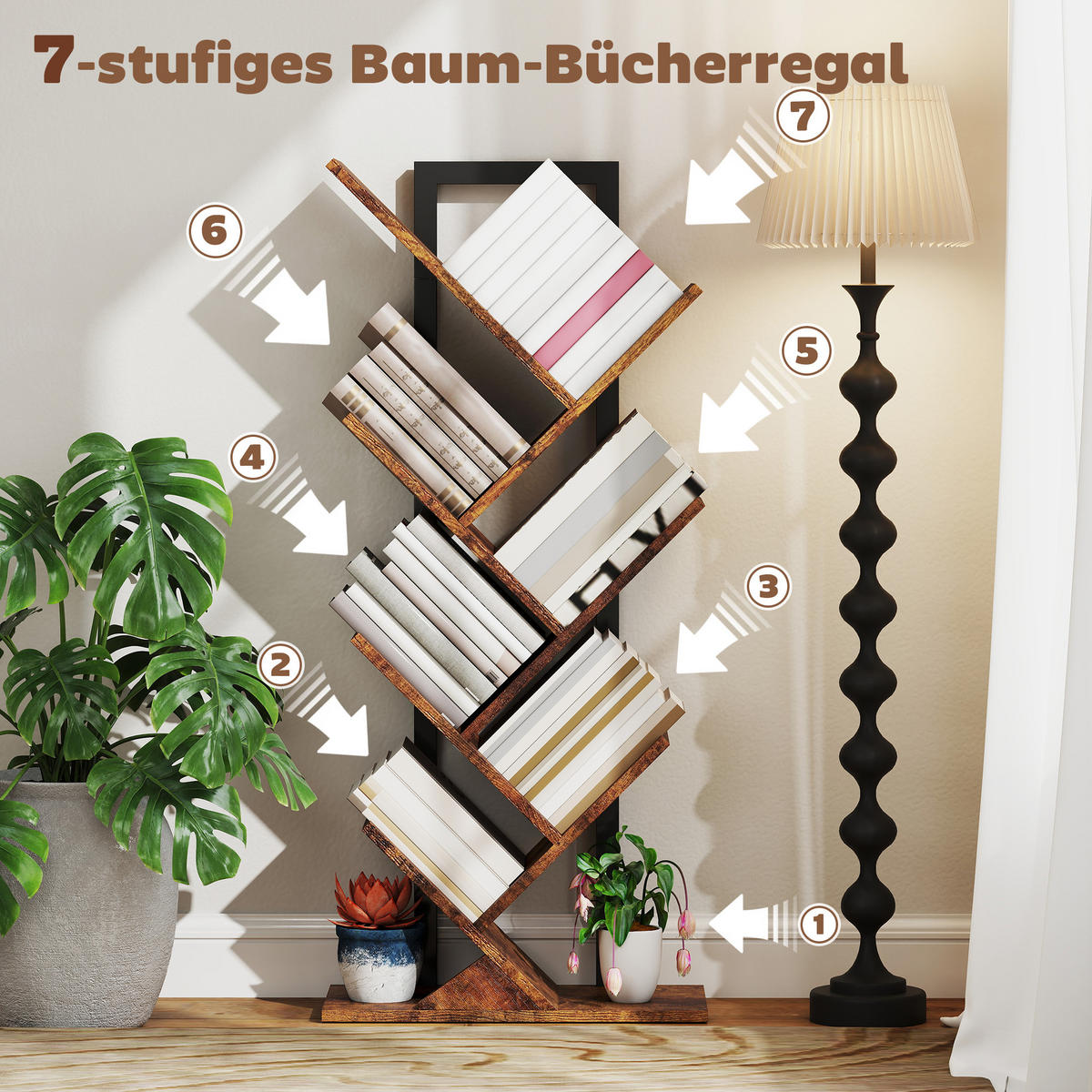 BÜCHERREGAL Standregal mit 7 Ebenen Schmal Regal im Baumform Rustikal Braun - Rostfarben/Schwarz, Holzwerkstoff/Metall (24/109/50cm) - HOMCOM