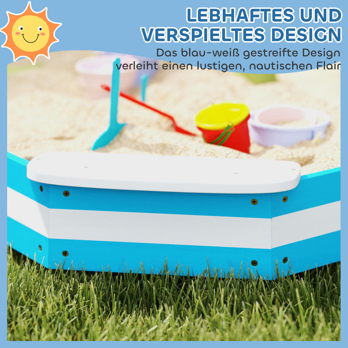 SANDKASTEN 133 x 108 cm Sandkiste aus Holz Sandbox mit Sitzbank Blau - Blau, Holz (133/133/16cm) - AIYAPLAY