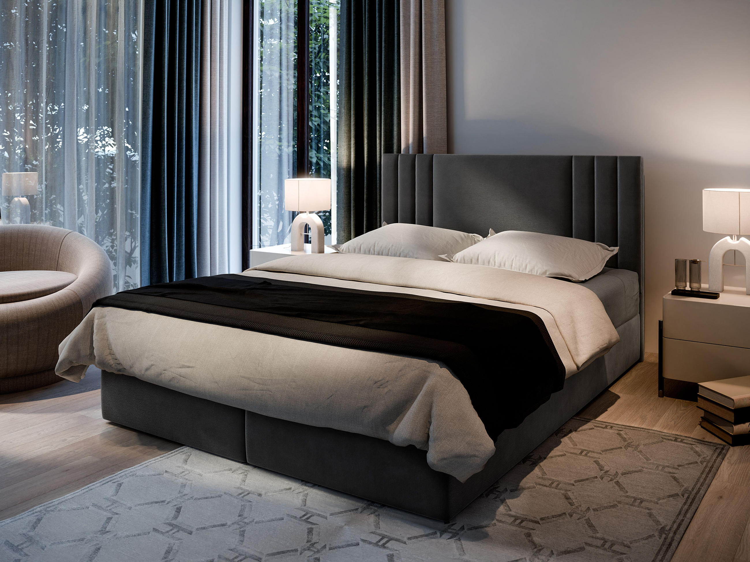 BOXBETT BRES 180x200 cm mit Matratze und Topper - Grau - Grau, Holz (180/200cm) - MASSENO