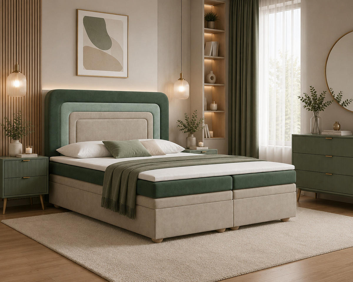 BOXBETT - Bett 10 NEST - Riviera - 140x200 cm - Modernes Polsterbett mit Bettkasten - Grün, Holz (140/200cm) - ROYAL24_MARKT