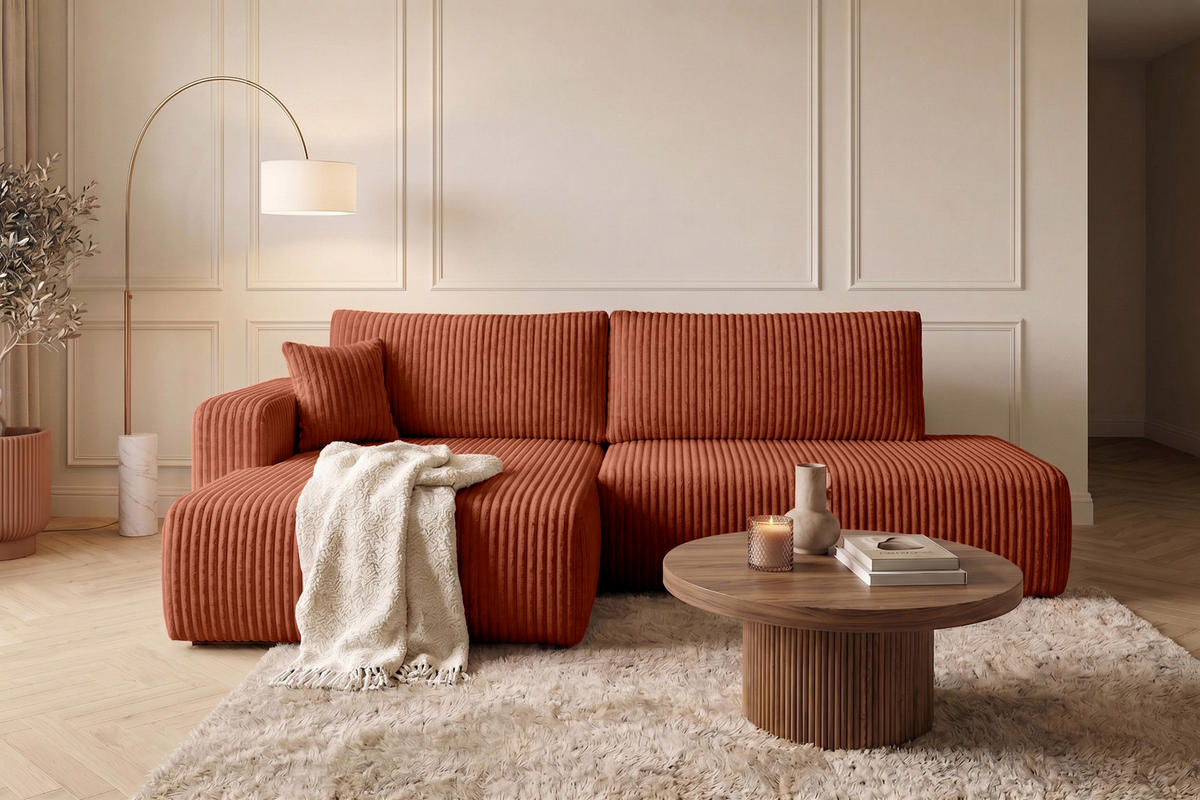 ECKSOFA Mit Schlaffunktion Und Bettkasten, Cordstoff Tilia, Kupfer, Links, OPEN XL - Orange, Holz (262/145cm) - Kaiser Möbel