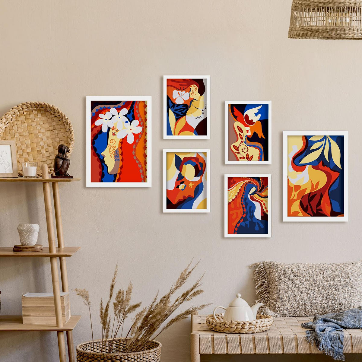 POSTER Set Mit 6 Zarte Collage im femininen abstrakten Stil Größe A3 & A4 Weißer Rahmen - Weiß, Papier (29.7/1cm) - Nacnic