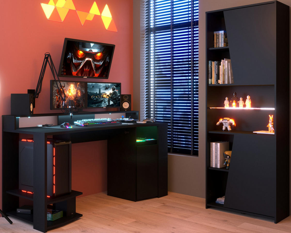 JUGENDZIMMER Gaming Set mit Schreibtisch und Schrank inkl. LED - Schwarz, Glas/Holzwerkstoff (220/180/62cm) - Parisot Meuble