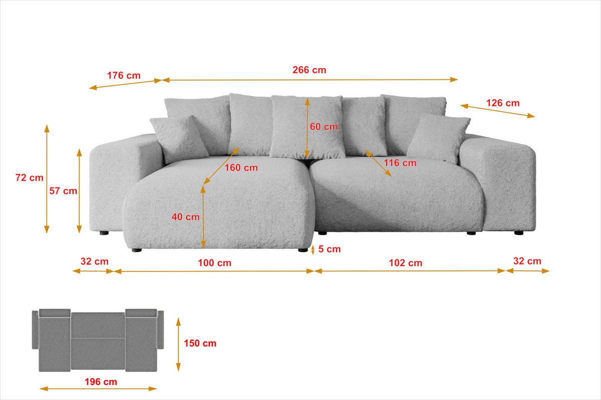 ECKSOFA Ottomane rechts ESKAR-L 266x176x84 Hellgrau Bouclé - Hellgrau/Schwarz, Holzwerkstoff/Kunststoff (176/266cm) - ALTDECOR