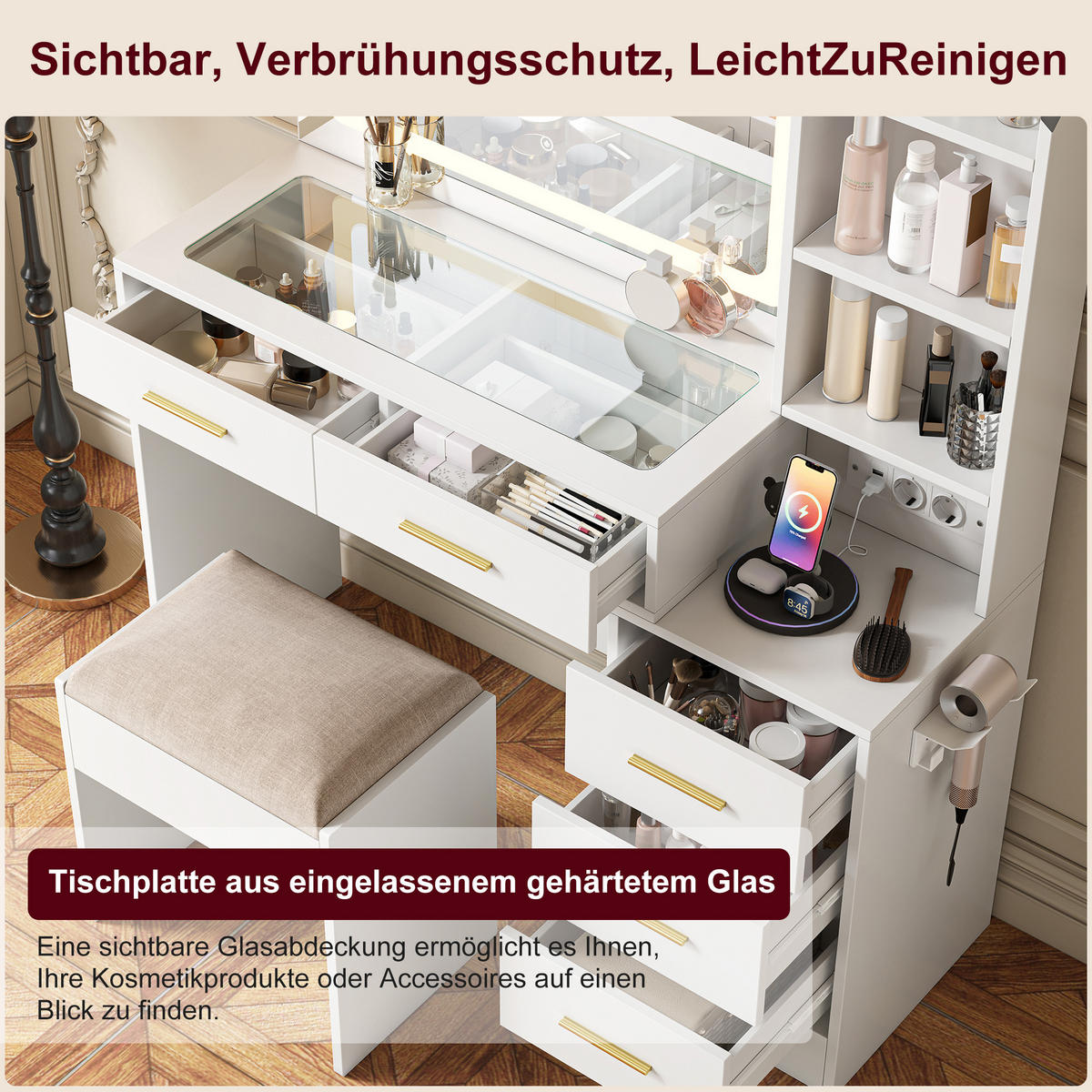 SCHMINKTISCH Glasplatte mit LED-Spiegel, Steckdose & Hocker - Weiß, Holzwerkstoff (36/140/110cm) - SHOPENTRA