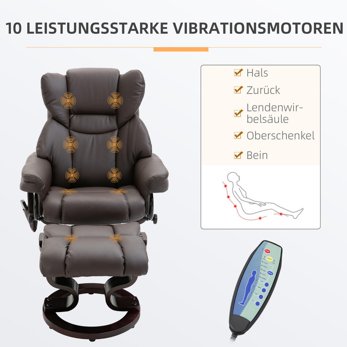 RELAXSESSEL Massagesessel mit Fußhocker Liegefunktion Braun 79 x 82 x 101 cm - Braun, Holz/Metall (82/101/79cm) - HOMCOM