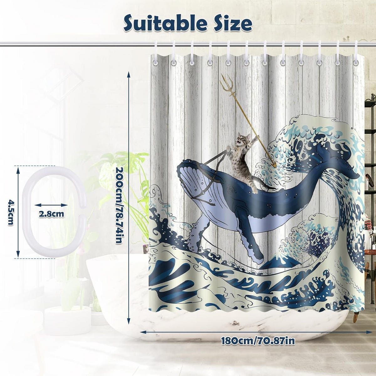 DUSCHVORHANG Stoff wasserdicht schimmelresistent mit Haken fürs Badezimmer Badewanne und Dusche Muster Katze und Wal - Multicolor, Textil (180/200cm) - MCBOSON