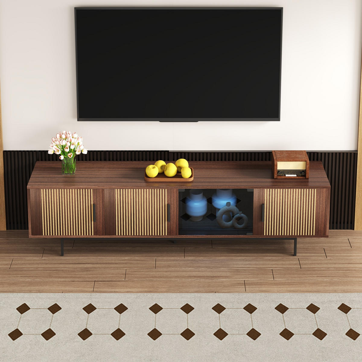 TV-ELEMENT mit LED-Lichtleiste ca. 200 x 35 x 53 cm Schwarz/Walnussbraun - Schwarz, Holzwerkstoff (35/53/200cm) - Beauniv