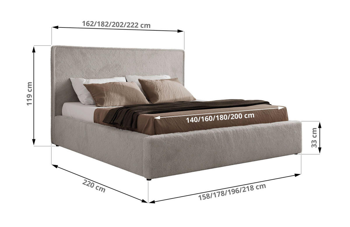 POLSTERBETT CORIVO CLASSIC 200/200 - Hellgrau Plüsch - ohne Matratze - Hellgrau, Textil (200/200cm) - MKS