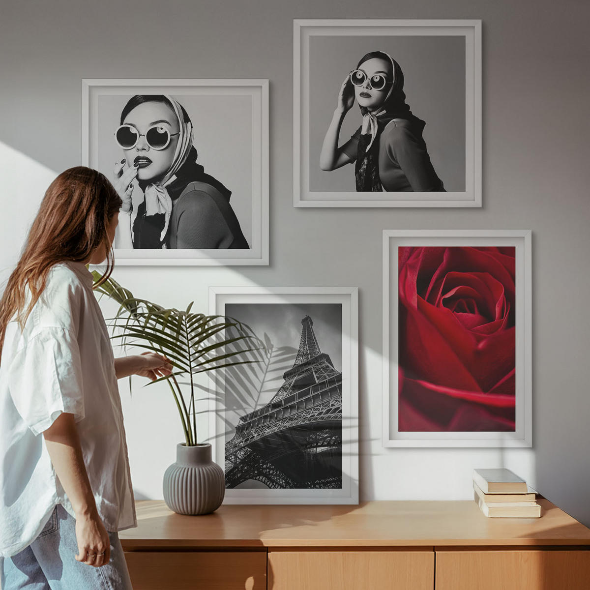 BILDER SET 4er Set - 50x50 cm & 40x60 cm Weißer Rahmen - Pariserin mit Eiffelturmbrille - Weiß, Kunststoff (50/50cm) - TULUP