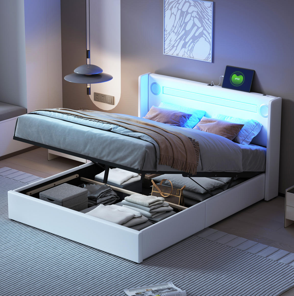 ČALÚNENÁ posteľ z PU kože 140x200 cm biela s LED osvetlením, Bluetooth a USB, úložným priestorom - biela, plast (140/200cm) - Modfu