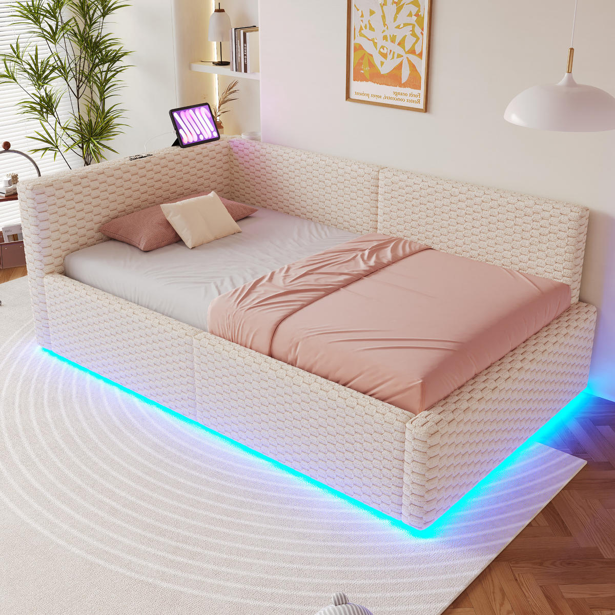 POLSTERBETT 90/200 cm Beige mit LED-Beleuchtung, USB-C-Anschluss und 2 USB-Anschlüssen - Beige, Textil (90/200cm) - Oxeza