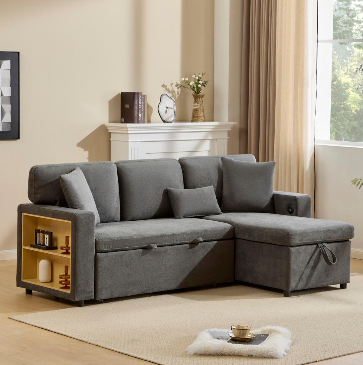 ECKECKSCHLAFSOFA Oxford-Stoff mit USB-Anschluss und Stauraum Dunkelgrau 214/131/87 cm - Dunkelgrau, Textil (87/131cm) - Redom
