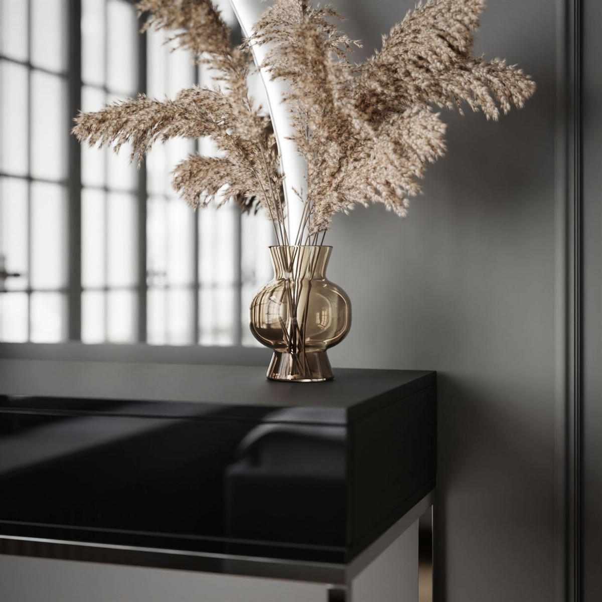 SCHMINKTISCH schwarz QUINNIE GLAMOUR mit LED-Spiegel rechts PUSH OPEN - Silberfarben/Schwarz, Holzwerkstoff (100/176/42cm) - Lookway