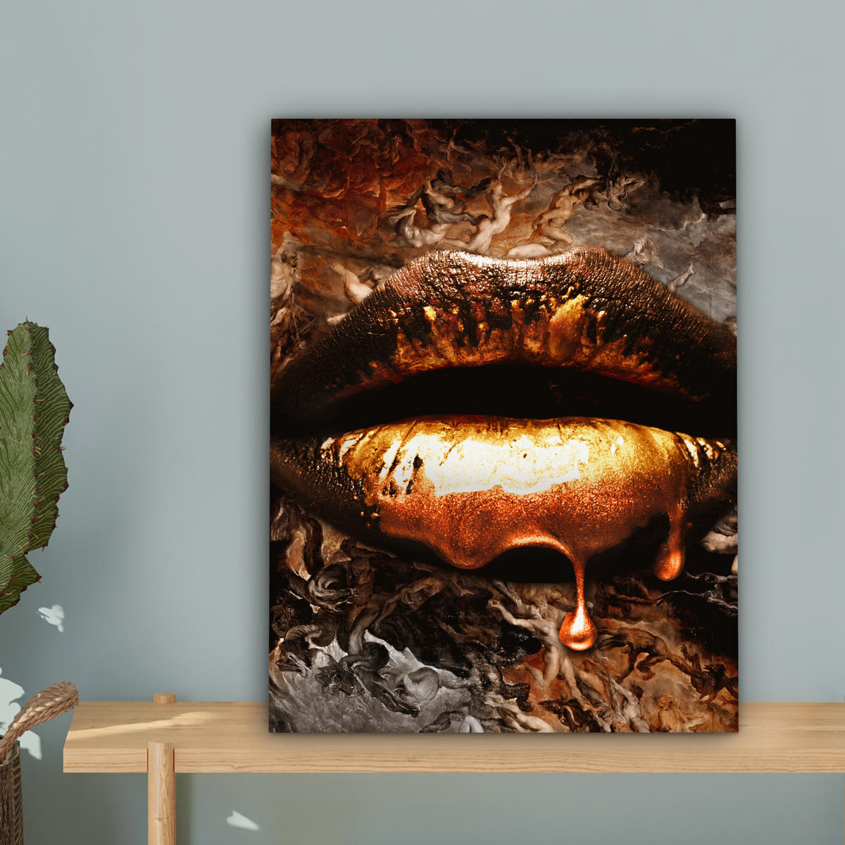 LEINWANDBILD Gold - Lippen - Kunst - Gold - Luxus - Abstrakt Room Decor 30x40 cm - Kupferfarben, Textil (30/40cm) - MuchoWow