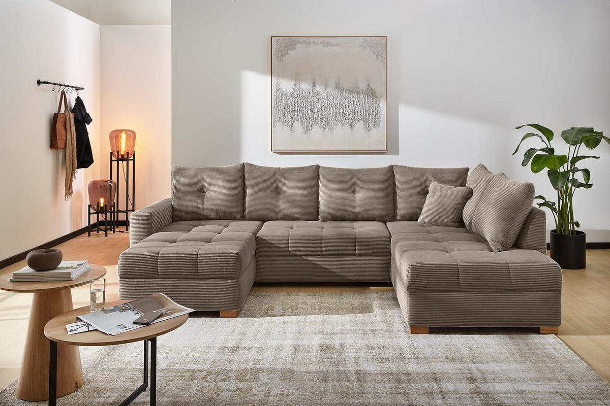 WOHNLANDSCHAFT mit Schlaffunktion und Bettkasten, spiegelverkehrt montierbar U-Form B313/T200/H92 cm, Cord Braun Taupe / 15219 - Taupe/Eichefarben, Holz/Textil (313/92/200cm) - luma-home