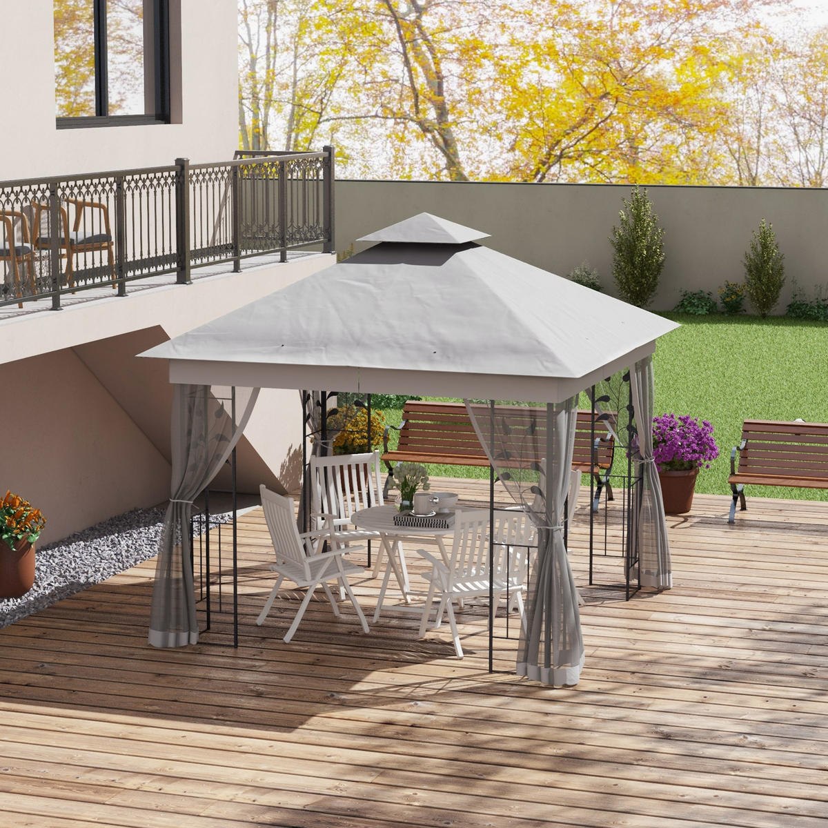 PAVILLON Stahl Polyester Hellgrau Schwarz - Hellgrau/Schwarz, Textil/Metall (300/280/300cm) - Outsunny