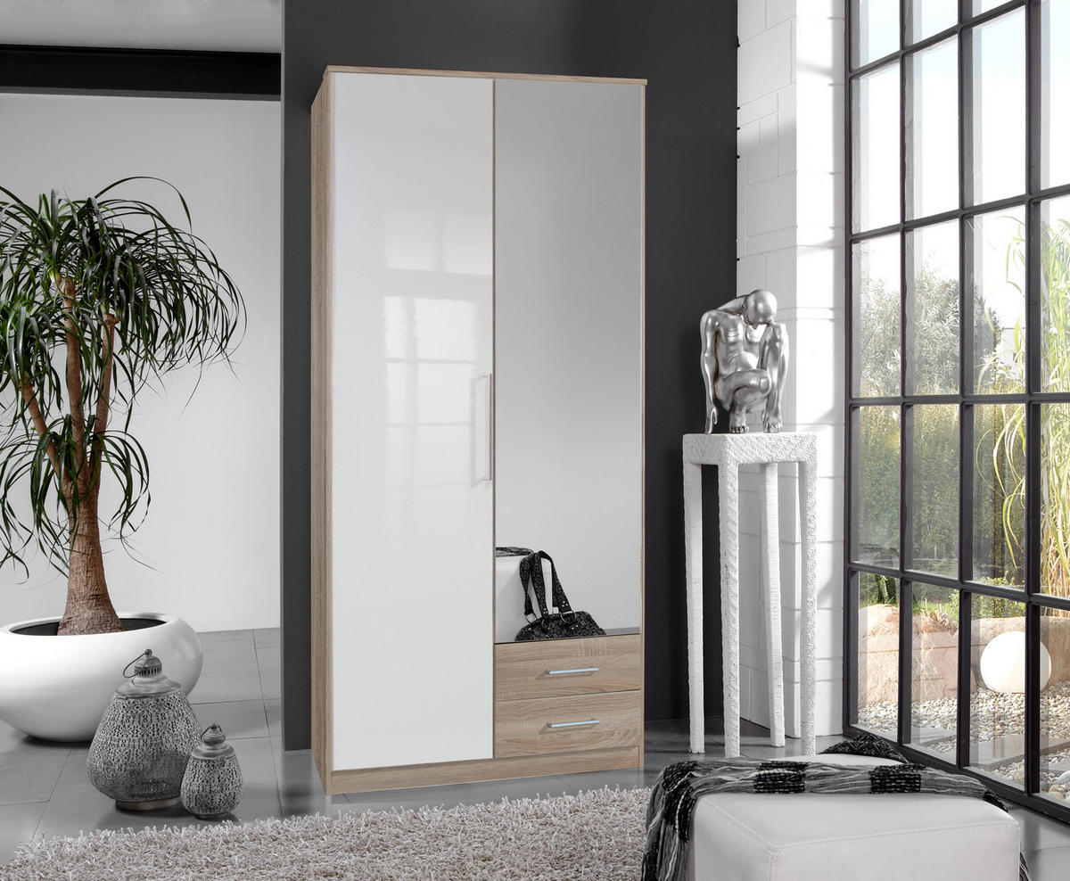 KLEIDERSCHRANK Greven in Hochglanz Lack Weiß mit Eiche Sägerau 91x199x58 cm (BxHxT) – Drehtürenschrank 2-türig mit Spiegeltür & Schubkästen - Weiß/Braun, Holzwerkstoff (120/200/80cm)