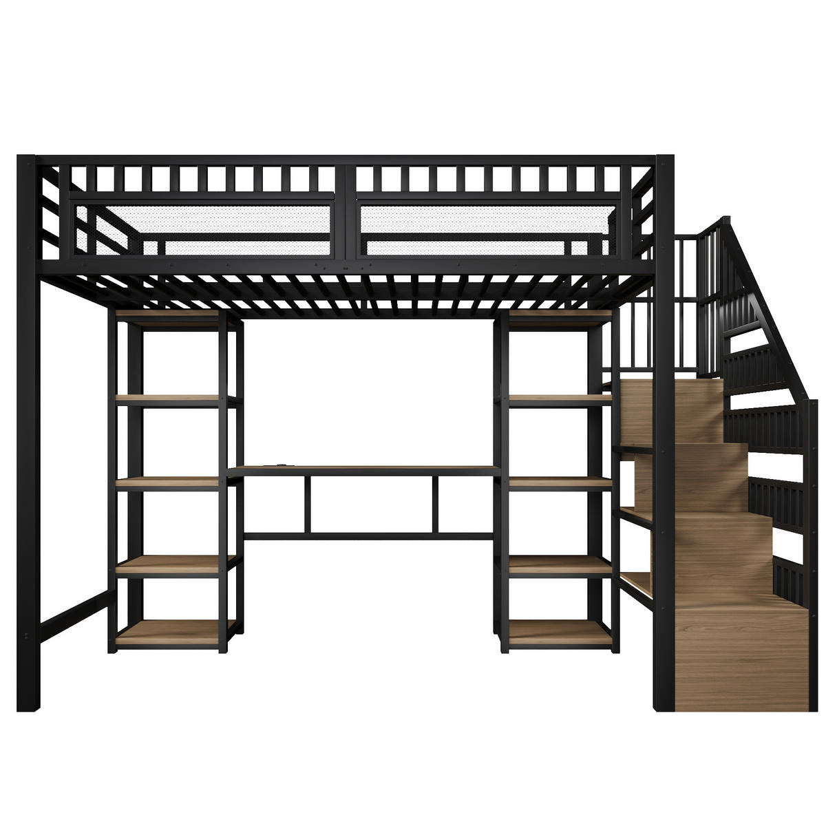 HOCHBETT 140/200 cm aus Metall und MDF mit Schreibtisch, LED-Lichtleiste, USB und Leiter mit Stauraum, Schwarz - Schwarz, Holzwerkstoff (140/200cm) - Redom
