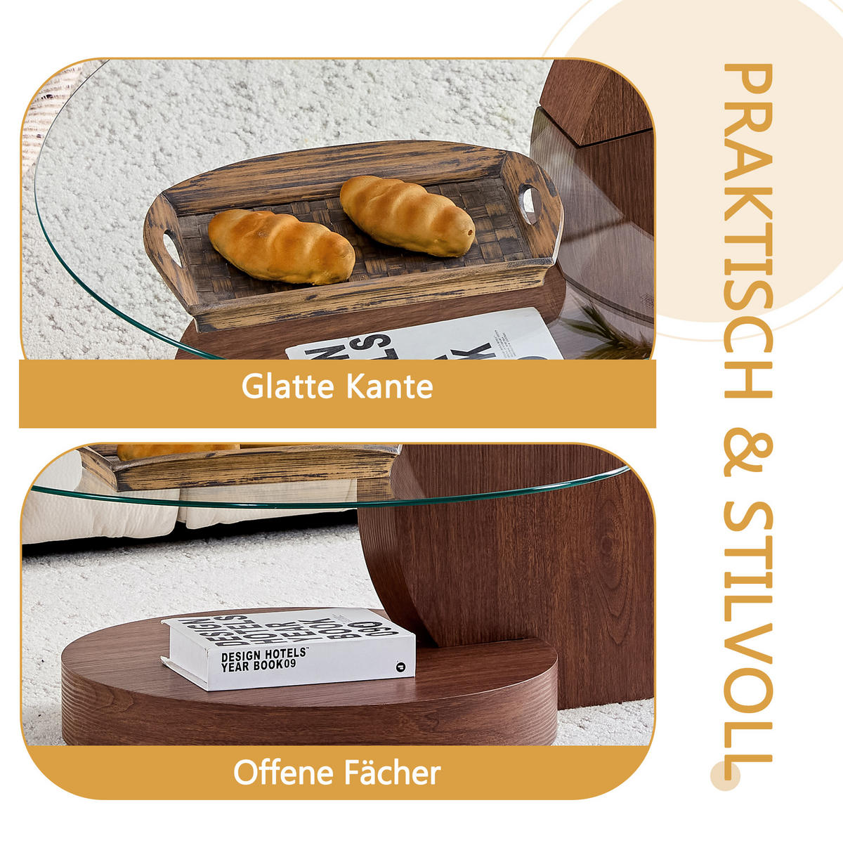 COUCHTISCH DE-156 Sicherheitsglas Walnussfarben 2-stufig - Walnussfarben, Holzwerkstoff (70/90/44cm) - ComfortXL