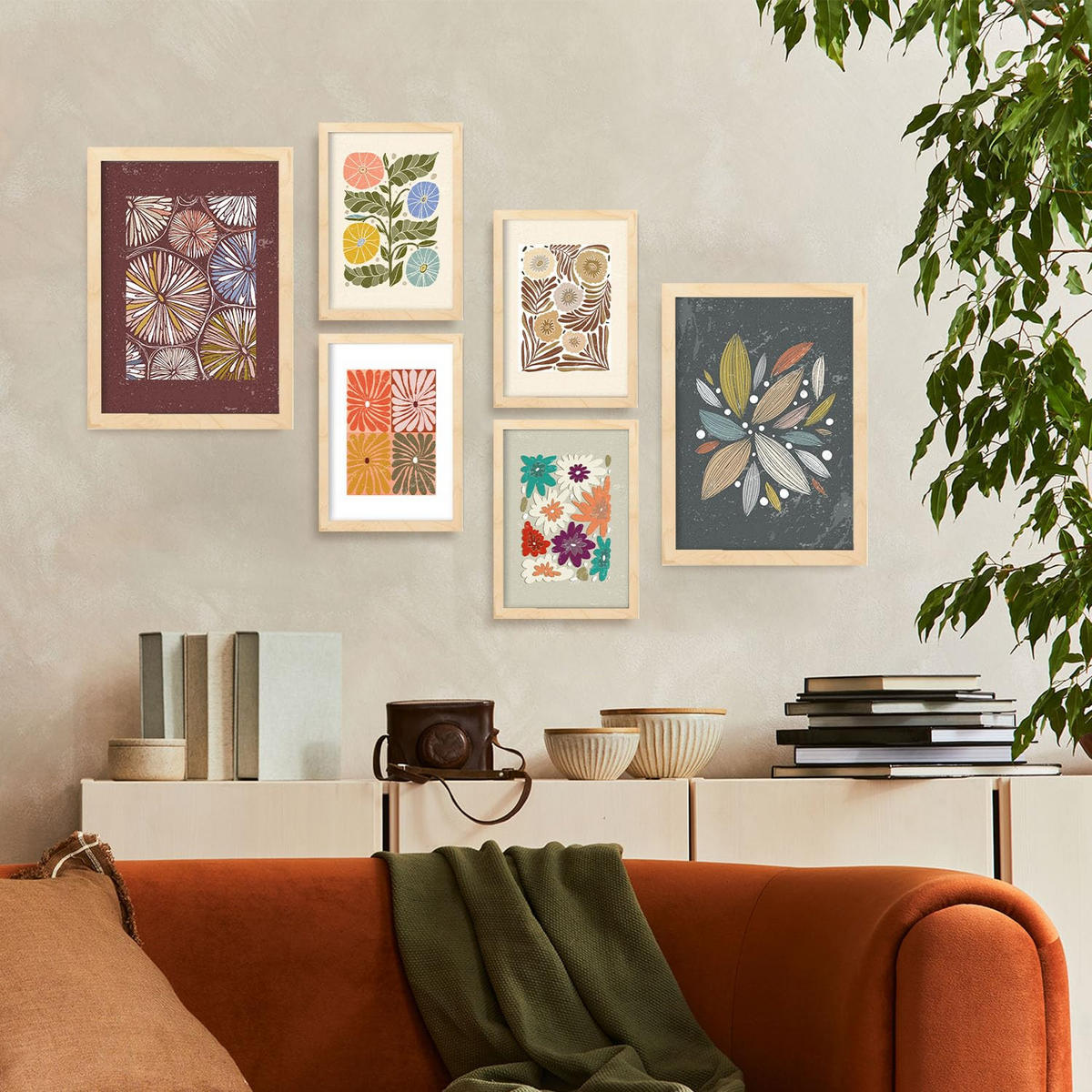 POSTER Set Mit 6 Drucken Von Blütenblättern In Der Sammlung Ethnischere Dekorative Rahmen Für Zuhause Wandkunstdruck A3 & A4 Rahmen Aus Hellem Holz - Beige, Papier (29/3cm) - Nacnic