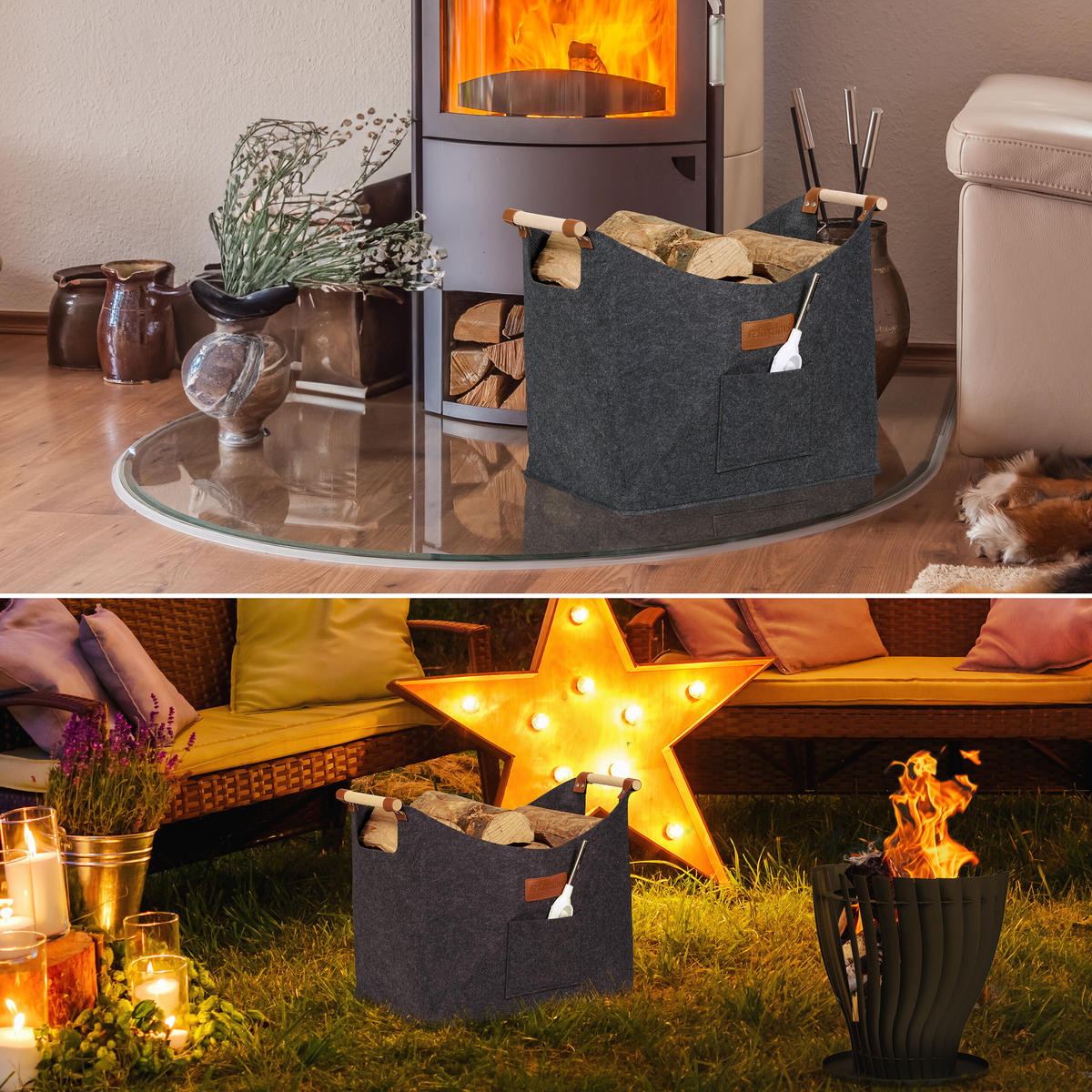 KAMINHOLZKORB - Grau, Holz/Kunststoff (51/40/32cm) - Relaxdays