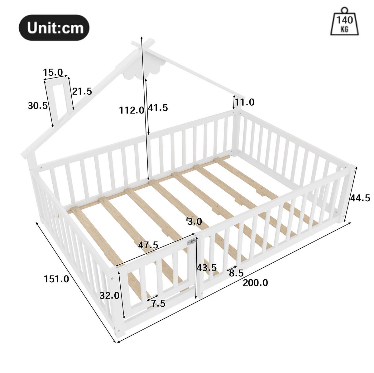 KINDERBETT Hausbett 140/190 cm, Weiß mit Geländer - Weiß, Holz (140/190cm) - MIVRAY
