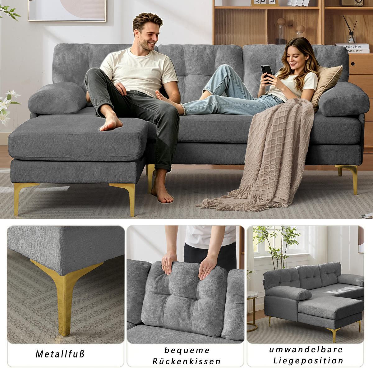 ECKSOFA 187.5/130/79 cm Grau mit 3 Sitzkissen und Stuhlbeine aus Metall - Grau, Textil (130/79/187.5cm) - Oxeza
