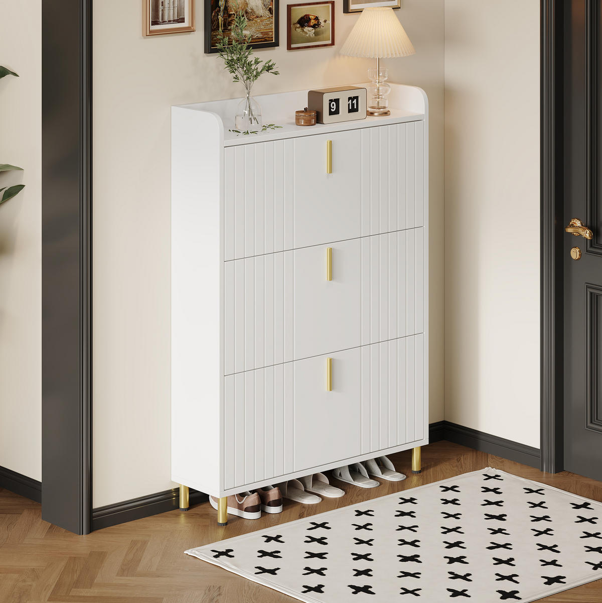 SCHUHKIPPER DE-37745 mit 3 Klappen und verstellbaren Böden Weiß - Weiß, Holzwerkstoff (80/123.5/23.5cm) - ComfortXL