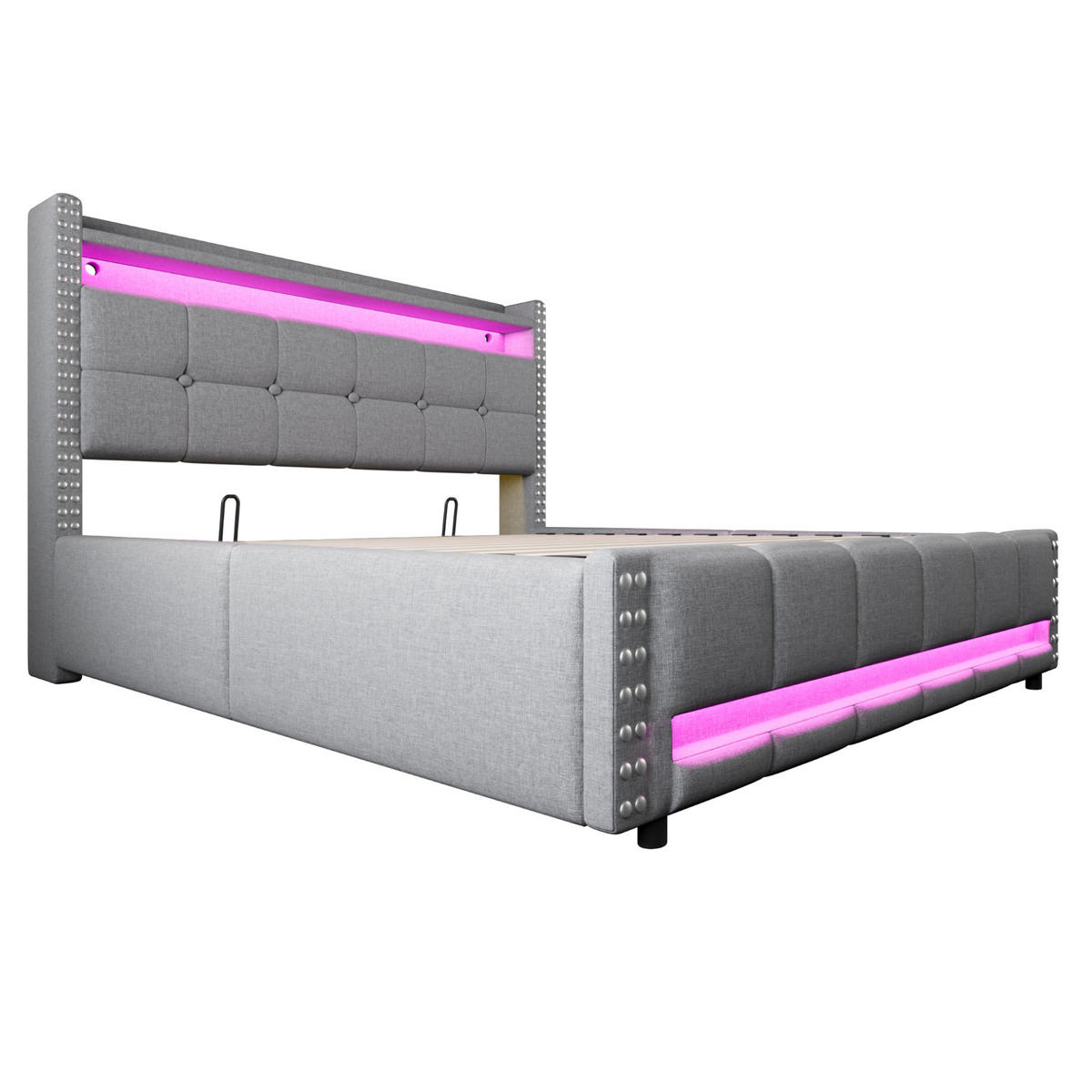 POLSTERBETT 160/200 cm mit LED-Beleuchtung, Bettkasten und gepolstertem Kopfteil - Hellgrau, Textil (160/200cm) - BEAOK