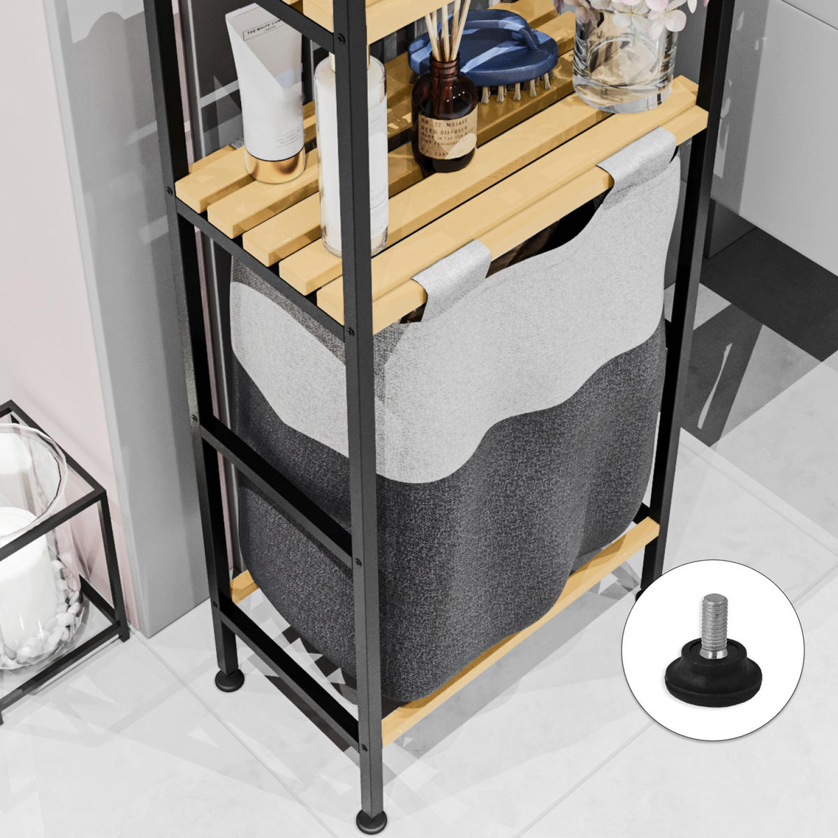 BADEZIMMERREGAL Pello mit Wäschetasche - Schwarz/Naturfarben, Holz/Textil (39/100/22cm) - [en.casa]