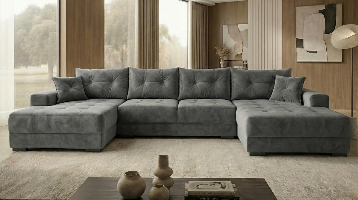 ECKSOFA MODENA 320 cm x 185 cm – Stoff: CASABLANCA Grau 14 Farbe: Grau - Grau, Textil (320/185cm) - A&J MöbelLand