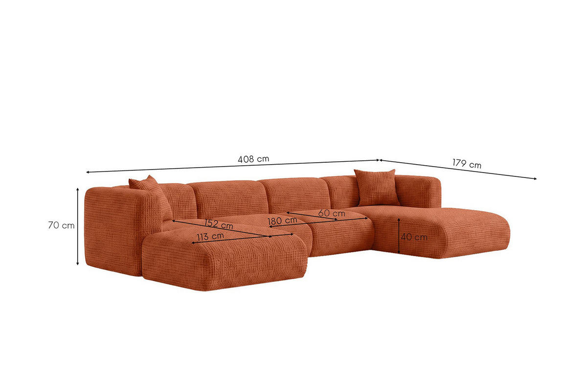 ECKSOFA U-Form, Chenille-Stoff Cremona, Kupfer, GRETA - Kupferfarben, Holz (408/70/179cm) - Kaiser Möbel