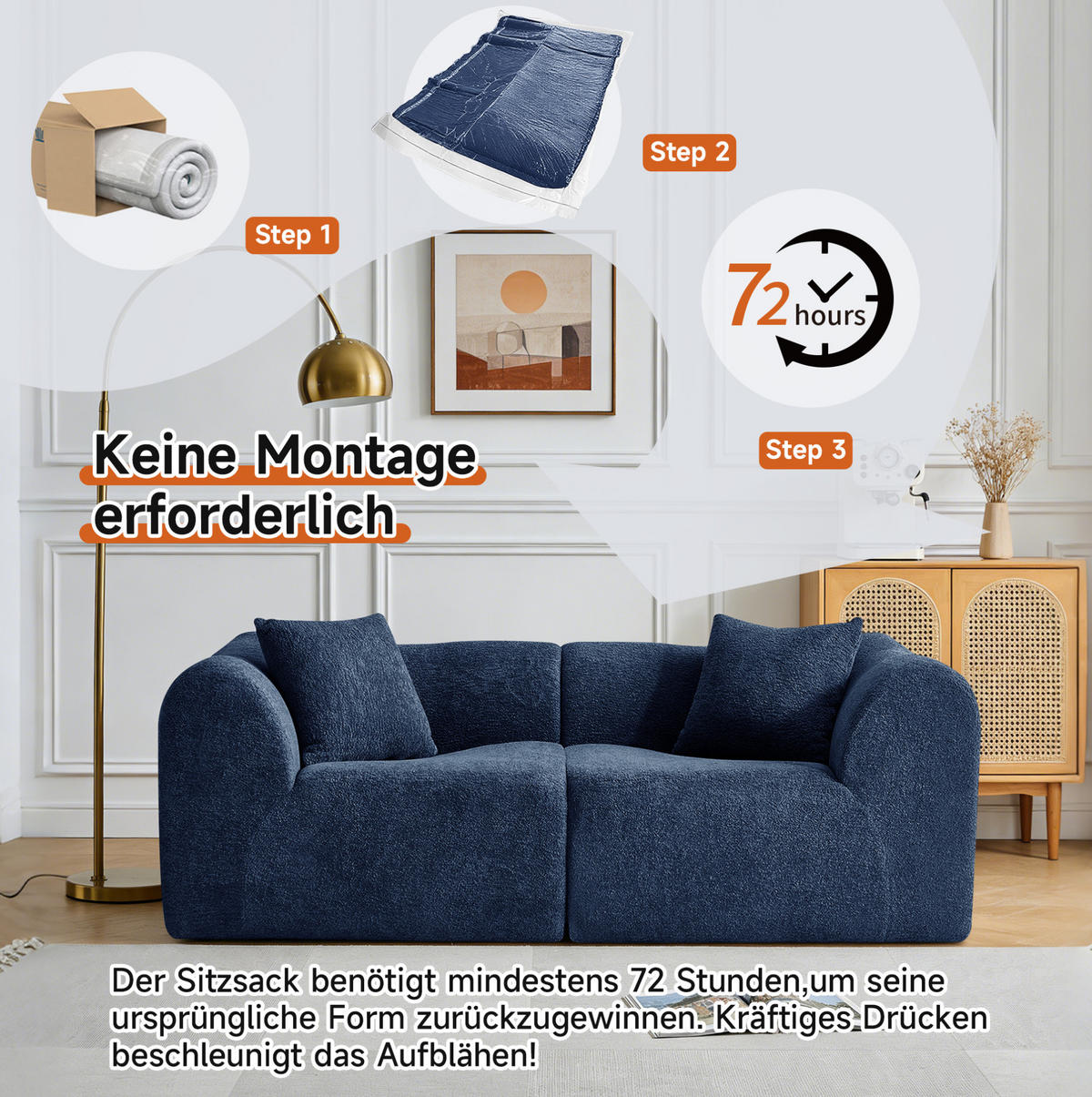 2-SITZER 193/87/67 cm blau aus Samt mit 2 Kissen - Blau, Textil (87/67/193cm) - OKWISH