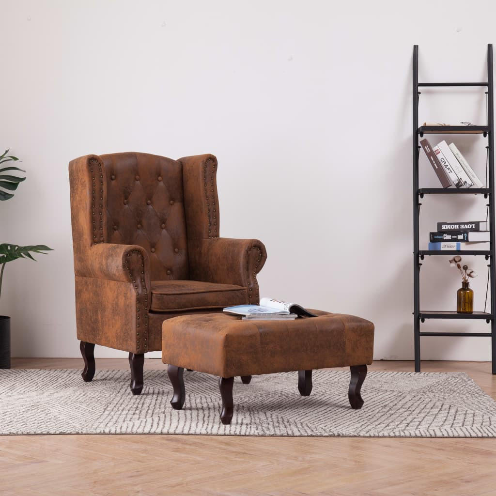 CHESTERFIELD-SESSEL und Fußhocker Braun Wildleder-Optik - Braun, Textil (78/108/67cm) - furnicato