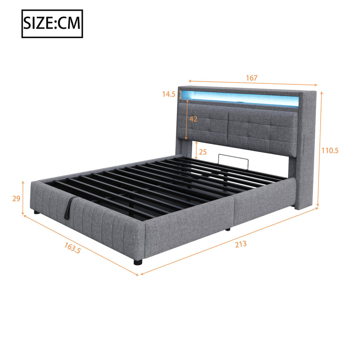 POLSTERBETT 160/200 cm mit LED-Beleuchtung, USB-Anschluss und hydraulischem Stauraum, Leinenbezug, Grau - Grau, Textil (160/200cm) - Redom