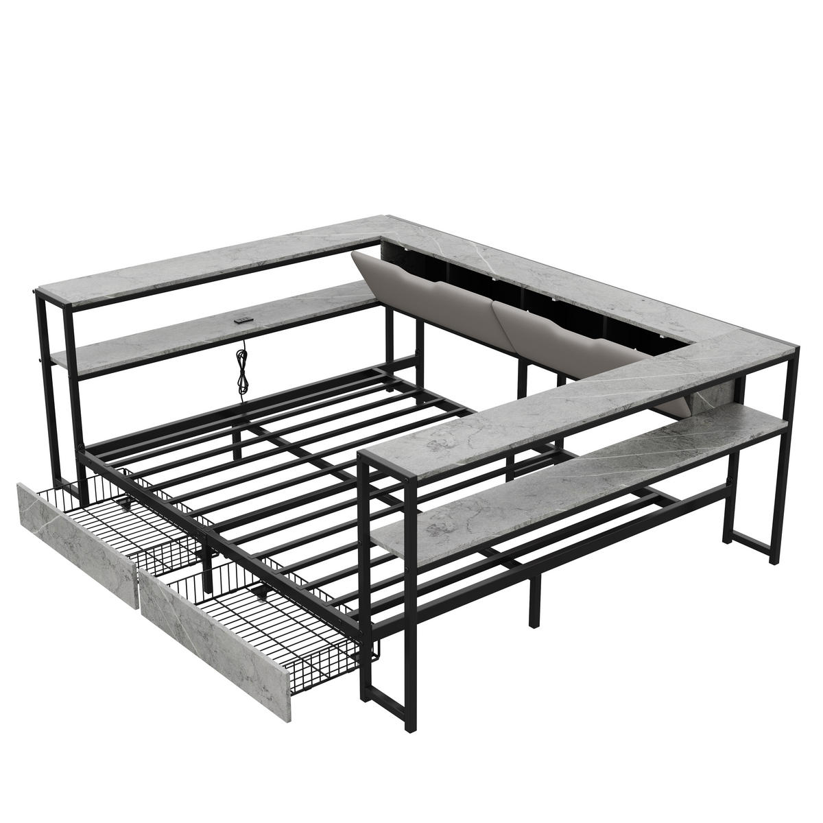 DAYBETT Beton 140x200 USB Type-C Schubladen Stauraum - Grau, Metall (140/200cm) - FLIEKS