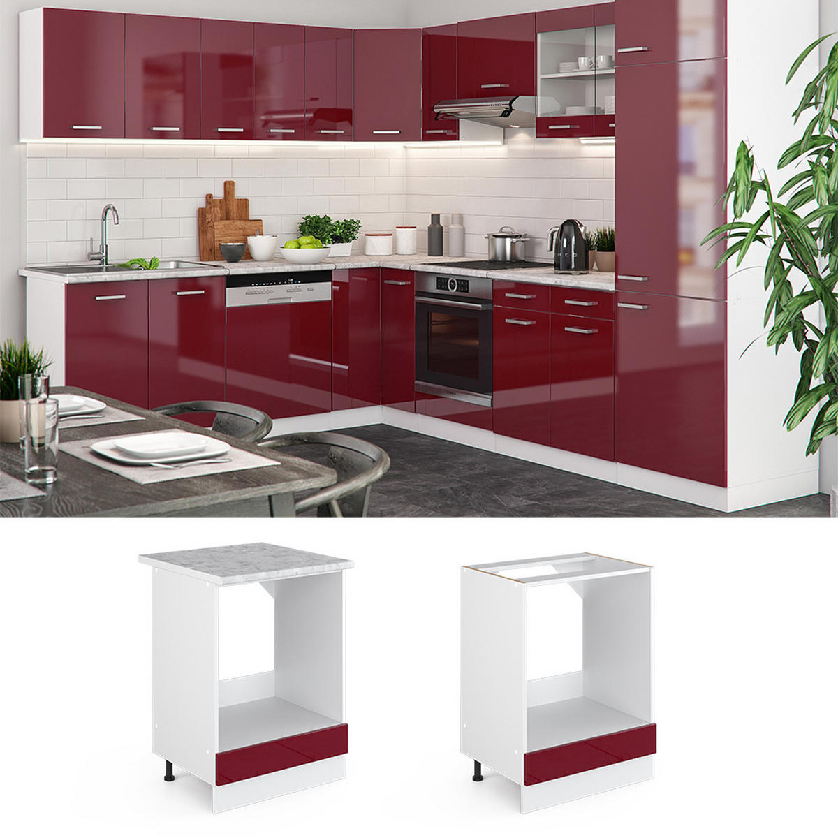 HERDUMBAUSCHRANK R-Line Rot Hochglanz 60 cm , AP Marmor - Rot/Weiß, Holzwerkstoff (60/81.6/60cm) - Vicco