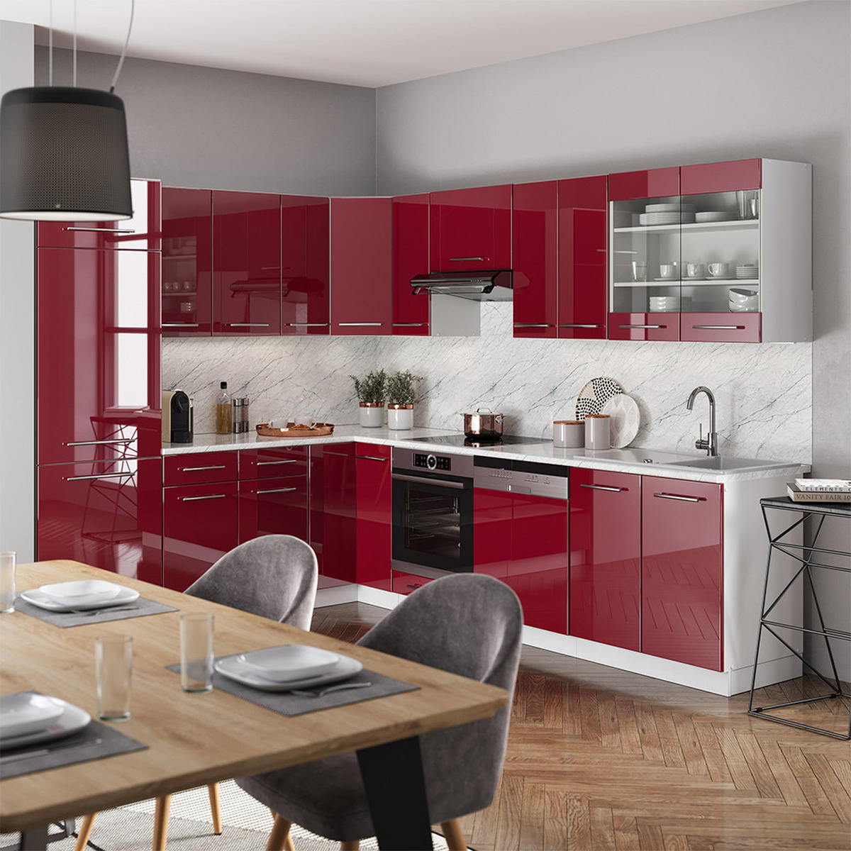 ECKKÜCHE Fame-Line Bordeaux Hochglanz/Weiß 227 x 287 cm, AP Marmor - Bordeaux/Weiß, Holzwerkstoff (287/81.6/60cm) - Vicco