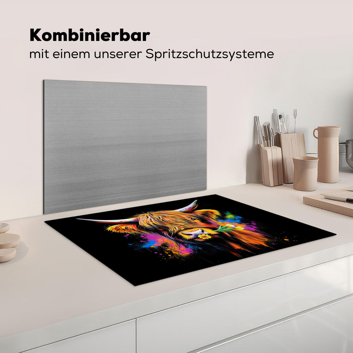 HERDABDECKPLATTE Schottischer Highlander - Graffiti - Bunt - Blume - Tiere Herdabdeckung Induktionsfeld 75x52 cm - Multicolor, Kunststoff (75/52/0.2cm) - MuchoWow