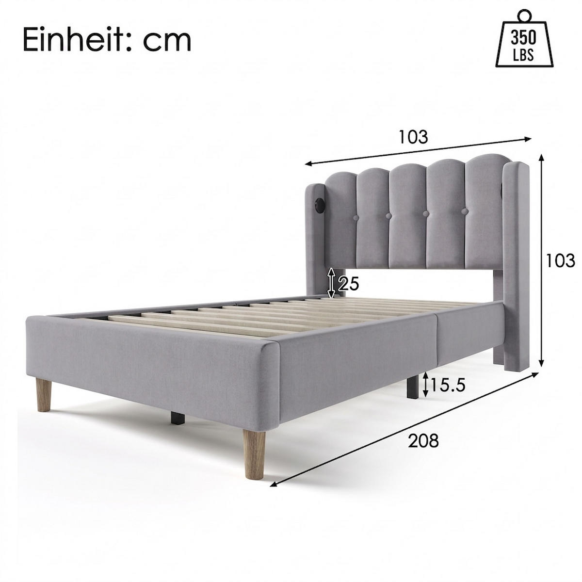POLSTERBETT 90/200 cm Grey mit USB Typ C Ladefunktion - Grau, Textil (90/200cm) - Oxeza