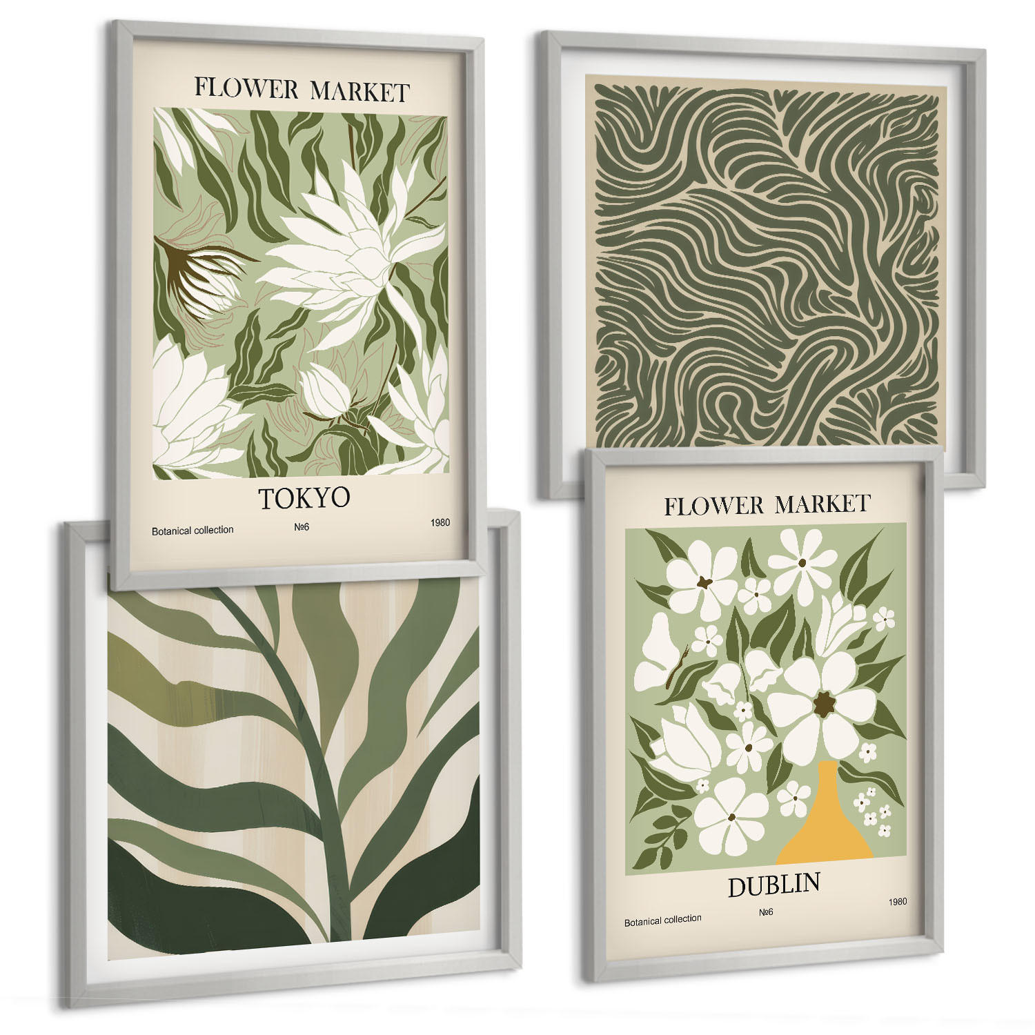 BILDER SET 4er Set - 50x50 cm & 40x60 cm Silberner Rahmen - Pflanzenmuster, Boho-Dekorationen - Silberfarben, Kunststoff (50/50cm) - TULUP