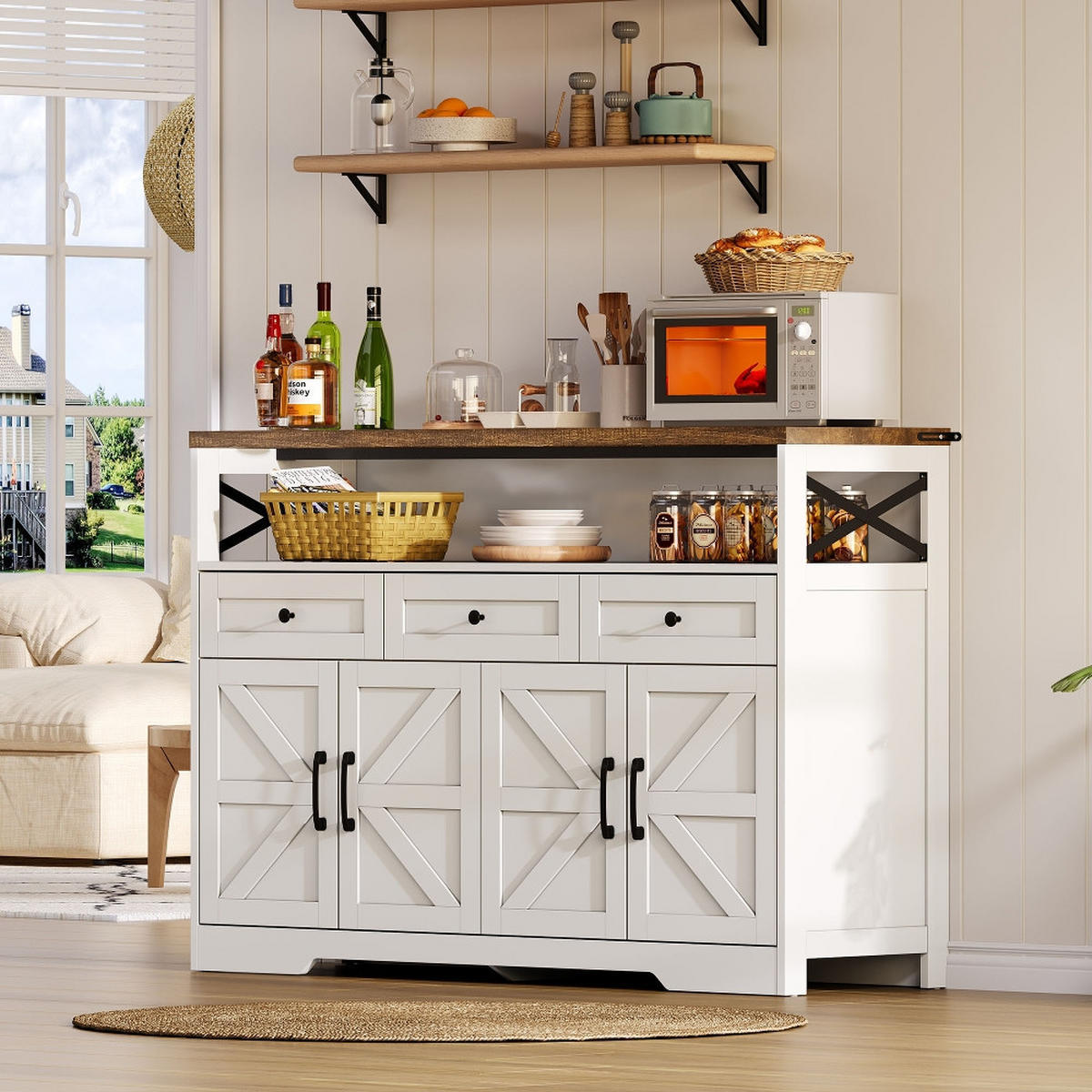 KÜCHENINSEL BUFFET-ANRICHTE mit 3 Schubladen und Türen, Landhausstil, Weiß-Braun, 140 cm - Braun, Kunststoff (35/95/140cm) - Rolipo