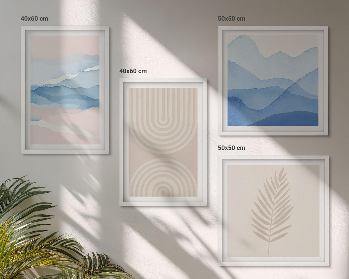 WANDBILDER 4er-Set - 50x50 cm & 40x60 cm Weißer Rahmen - Blätterwellen beige blau - Weiß, Kunststoff (50/50cm) - ArtPrintCave