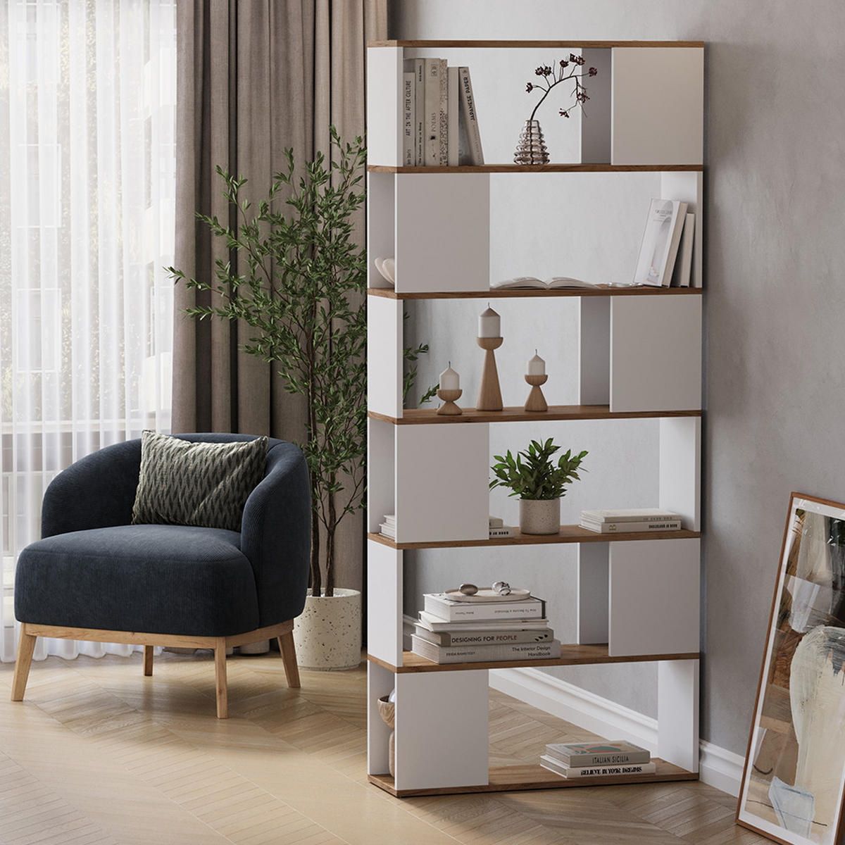RAUMTEILER Eneos Weiß/Goldkraft Eiche 80 x 186 cm - Eiche Wotan/Weiß, Holzwerkstoff (80/186/24cm) - Vicco