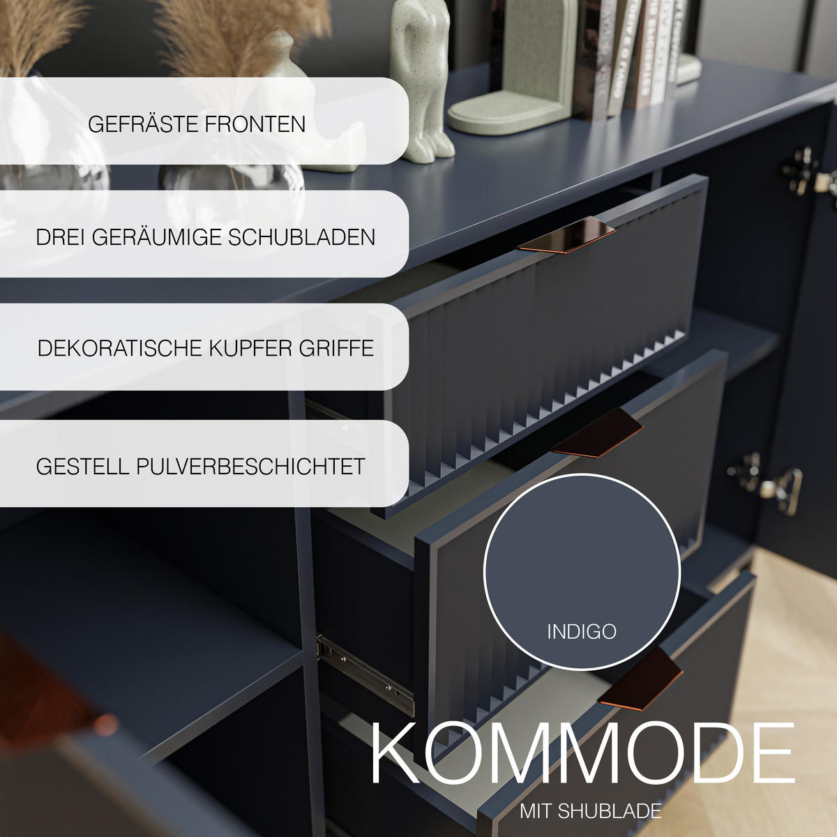 KOMMODE klein Aufbewahrungsschrank mit 3 Schubladen und 2 Türen, Blau - Blau, Holzwerkstoff (135/87/41cm) - Idohome