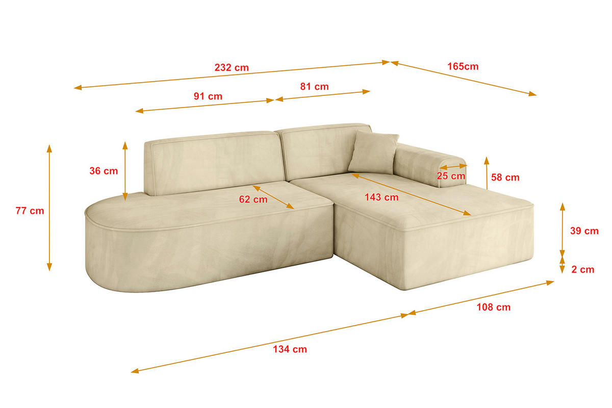 ECKSOFA Ottomane Rechts IREA-L1-v3 - 232x165x77 cm Beige - Taupe, Holzwerkstoff/Textil (232/165cm) - ALTDECOR
